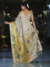 Banarasee Dual Color Tissue Saree With Digital Prints & Lace-Gold & Silver