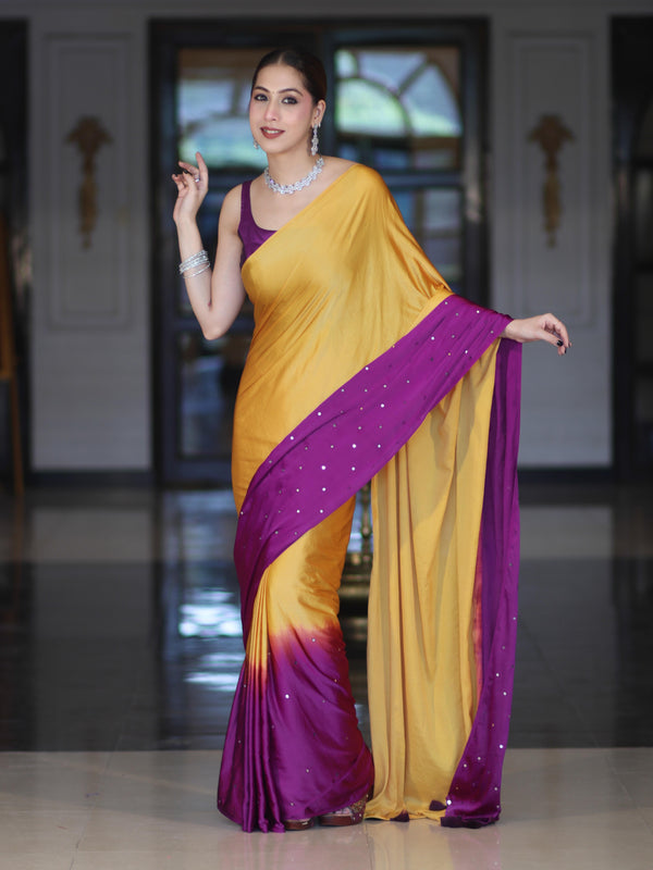 Banarasee Handloom Satin Hand Dyed Saree With Mirror Work-Mustard Yellow & Violet