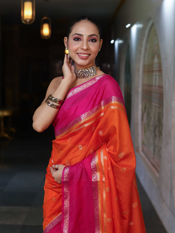 Banarasee Cotton Silk Kota Checks Saree With Buti Design & Contrast Border-Orange & Pink