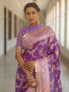 Banarasee Handwoven Semi Katan Saree With Hand Paint Zari Jaal Design & Lace-Purple