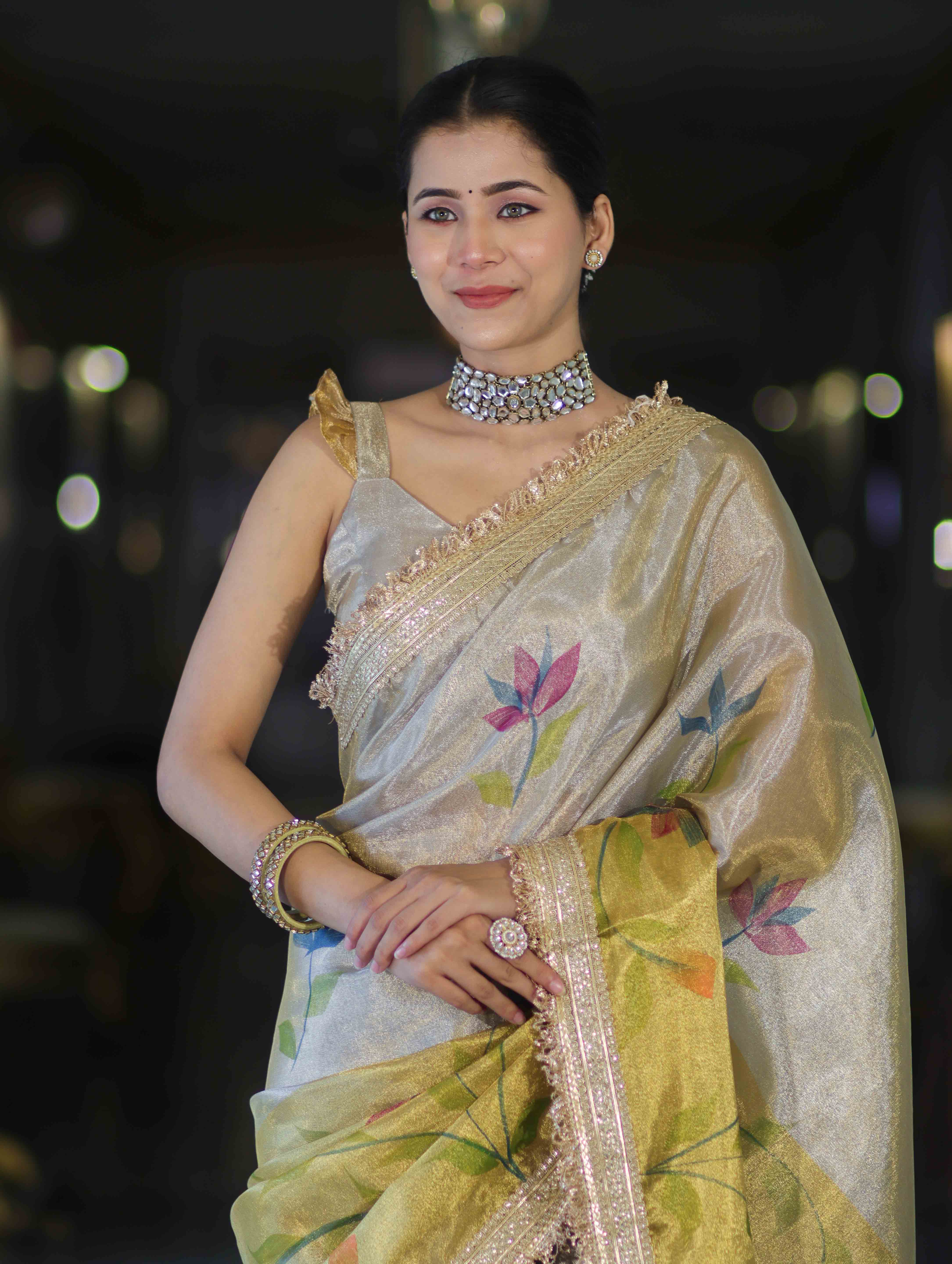 Banarasee Dual Color Tissue Saree With Digital Prints & Lace-Gold & Silver
