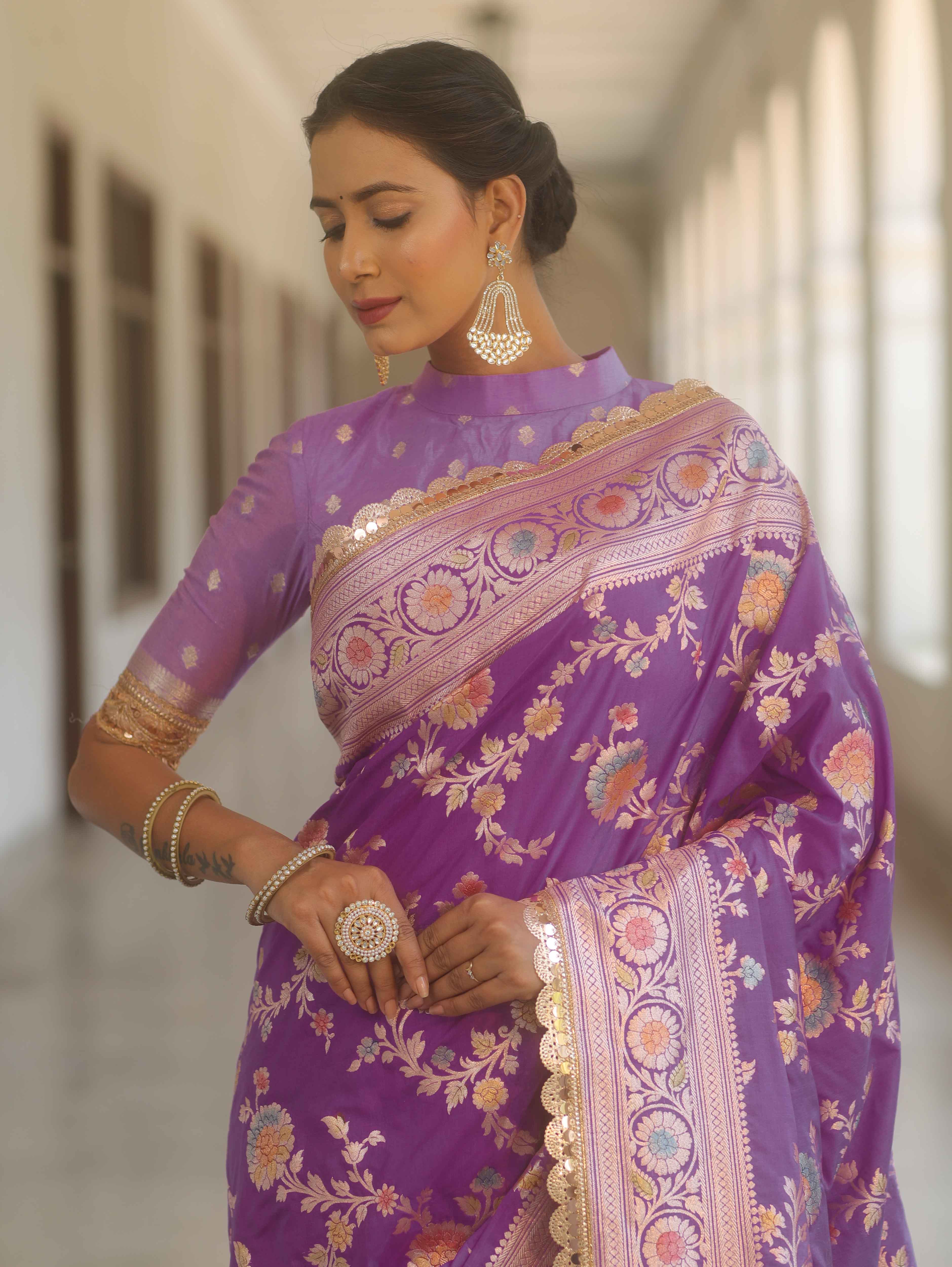 Banarasee Handwoven Semi Katan Saree With Hand Paint Zari Jaal Design & Lace-Purple