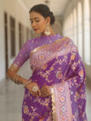 Banarasee Handwoven Semi Katan Saree With Hand Paint Zari Jaal Design & Lace-Purple