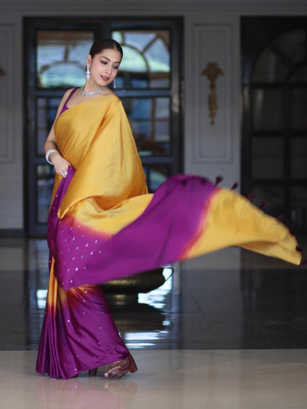 Banarasee Handloom Satin Hand Dyed Saree With Mirror Work-Mustard Yellow & Violet