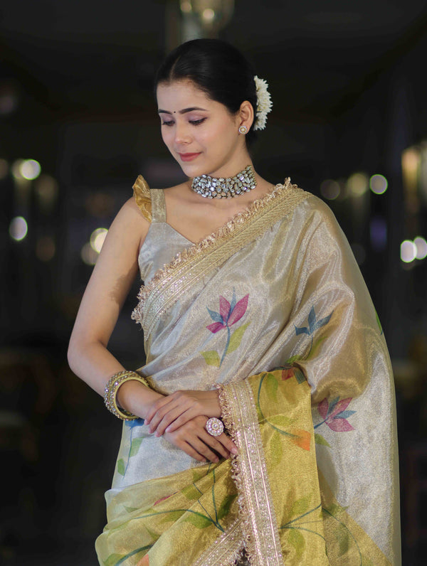 Banarasee Dual Color Tissue Saree With Digital Prints & Lace-Gold & Silver