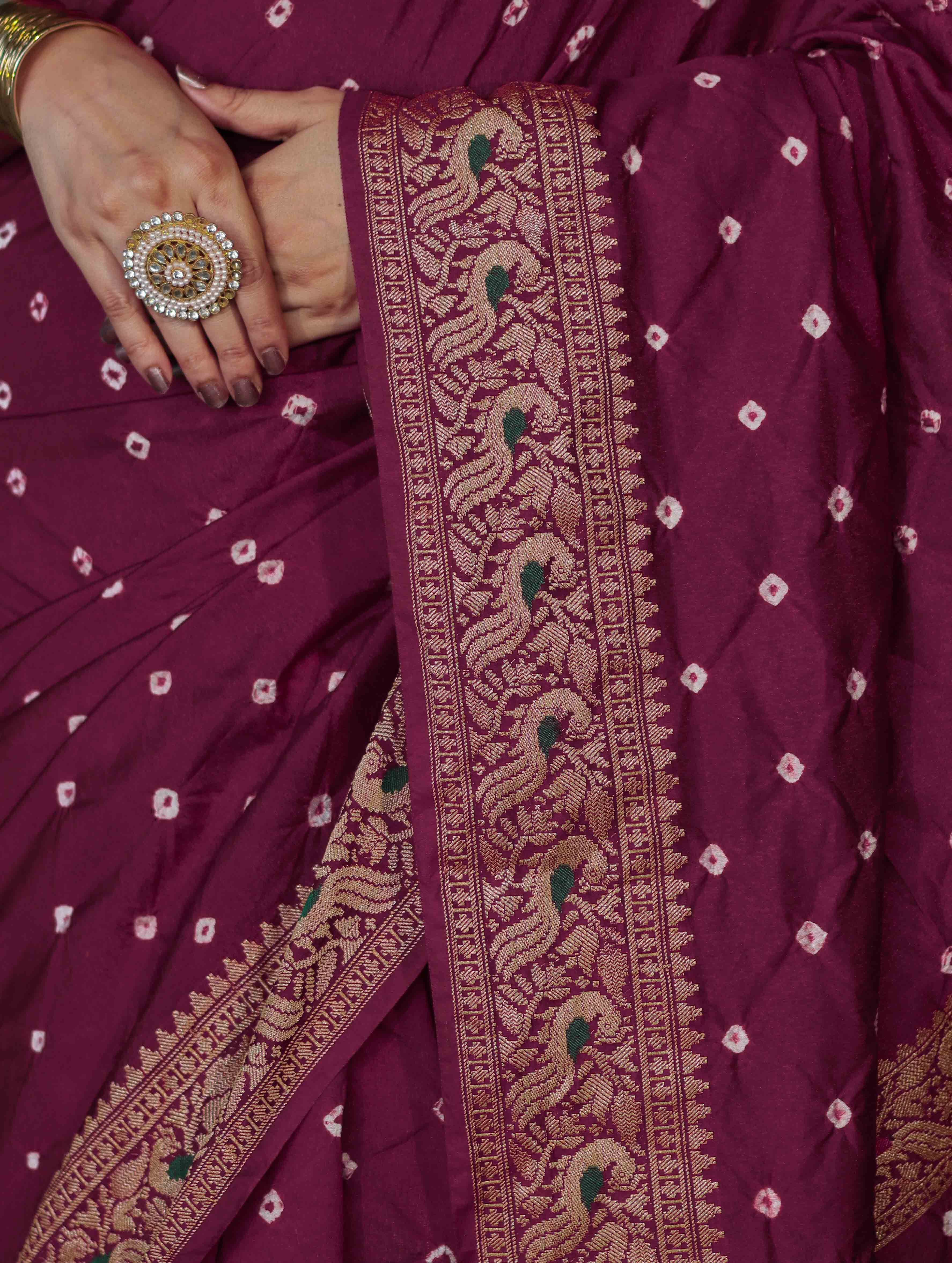 Banarasee Handloom Semi Silk Bandhej Saree With Broad Zari Floral Border-Violet