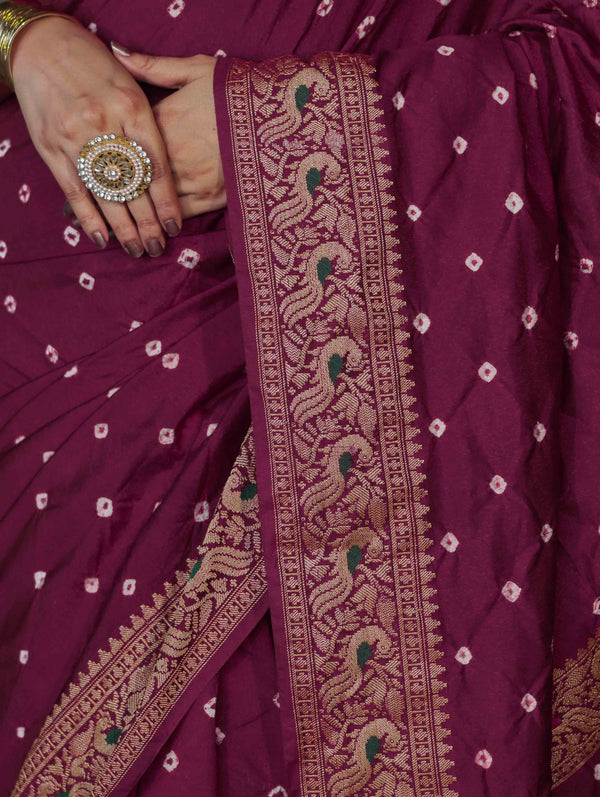 Banarasee Handloom Semi Silk Bandhej Saree With Broad Zari Floral Border-Violet