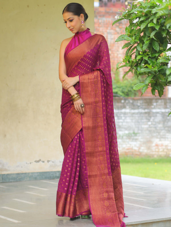 Banarasee Chiffon Floral Zari Buti & Border Saree-Magenta
