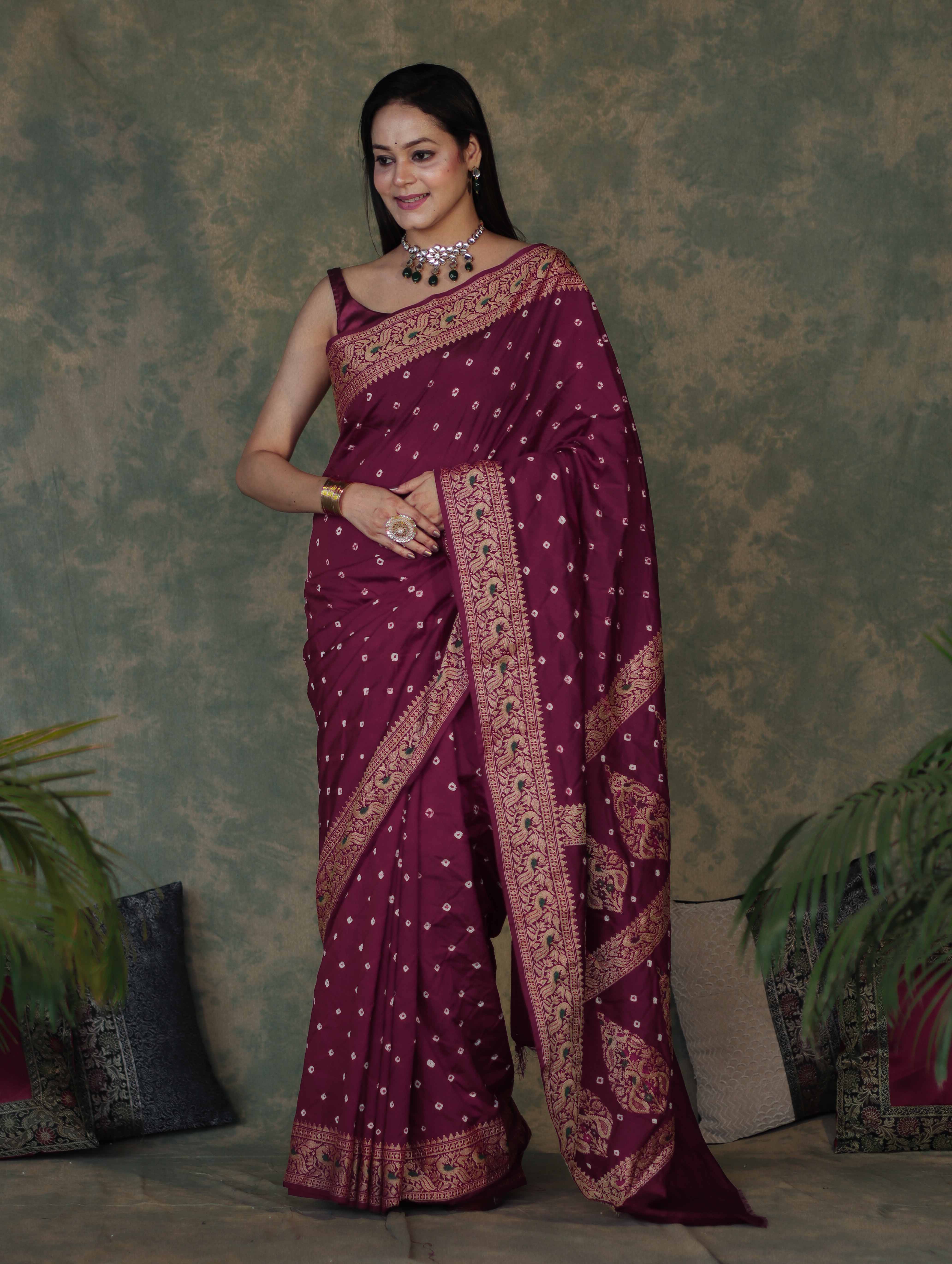 Banarasee Handloom Semi Silk Bandhej Saree With Broad Zari Floral Border-Violet