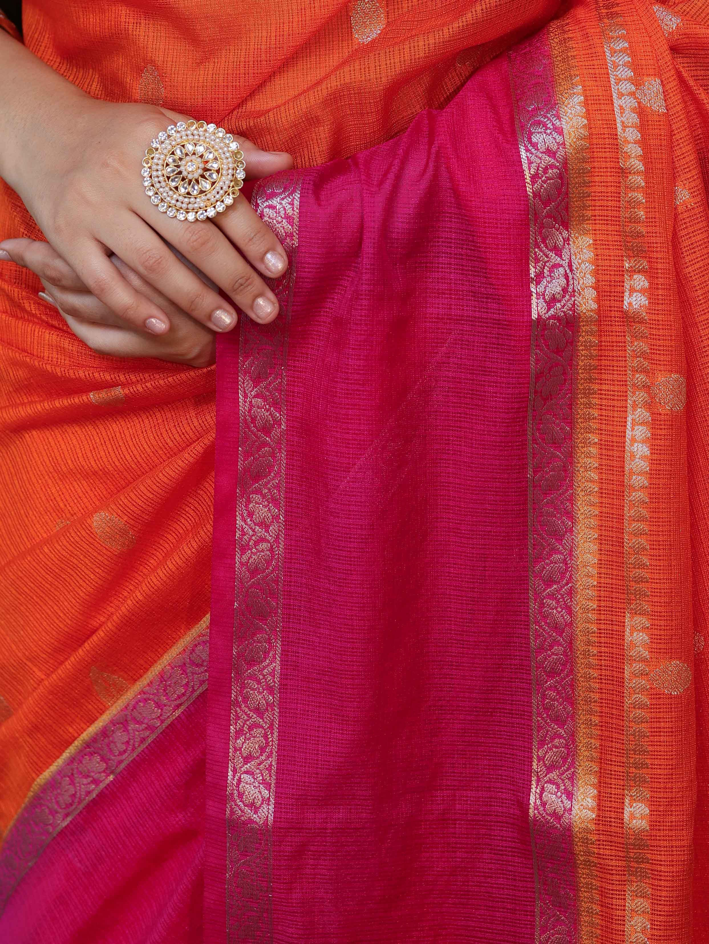 Banarasee Cotton Silk Kota Checks Saree With Buti Design & Contrast Border-Orange & Pink