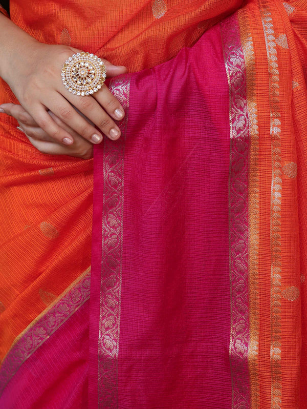 Banarasee Cotton Silk Kota Checks Saree With Buti Design & Contrast Border-Orange & Pink