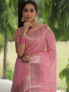 Banarasee Handloom Linen Tissue Meena & Zari Border Saree-Pink