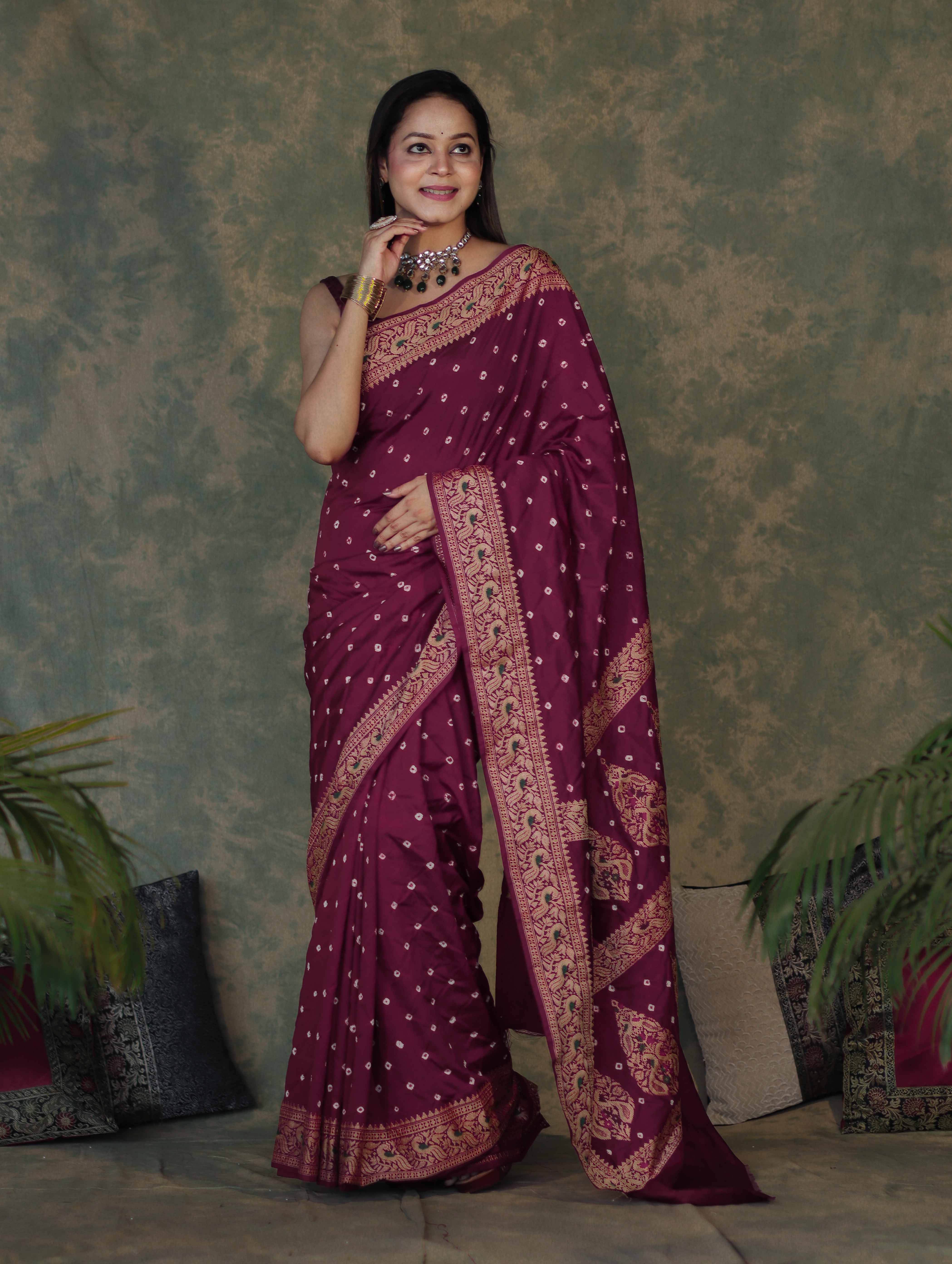 Banarasee Handloom Semi Silk Bandhej Saree With Broad Zari Floral Border-Violet