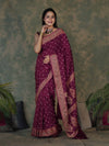 Banarasee Handloom Semi Silk Bandhej Saree With Broad Zari Floral Border-Violet
