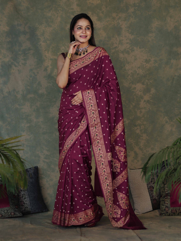 Banarasee Handloom Semi Silk Bandhej Saree With Broad Zari Floral Border-Violet