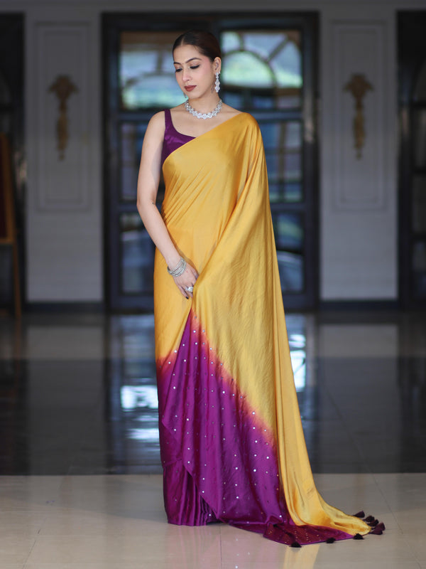 Banarasee Handloom Satin Hand Dyed Saree With Mirror Work-Mustard Yellow & Violet