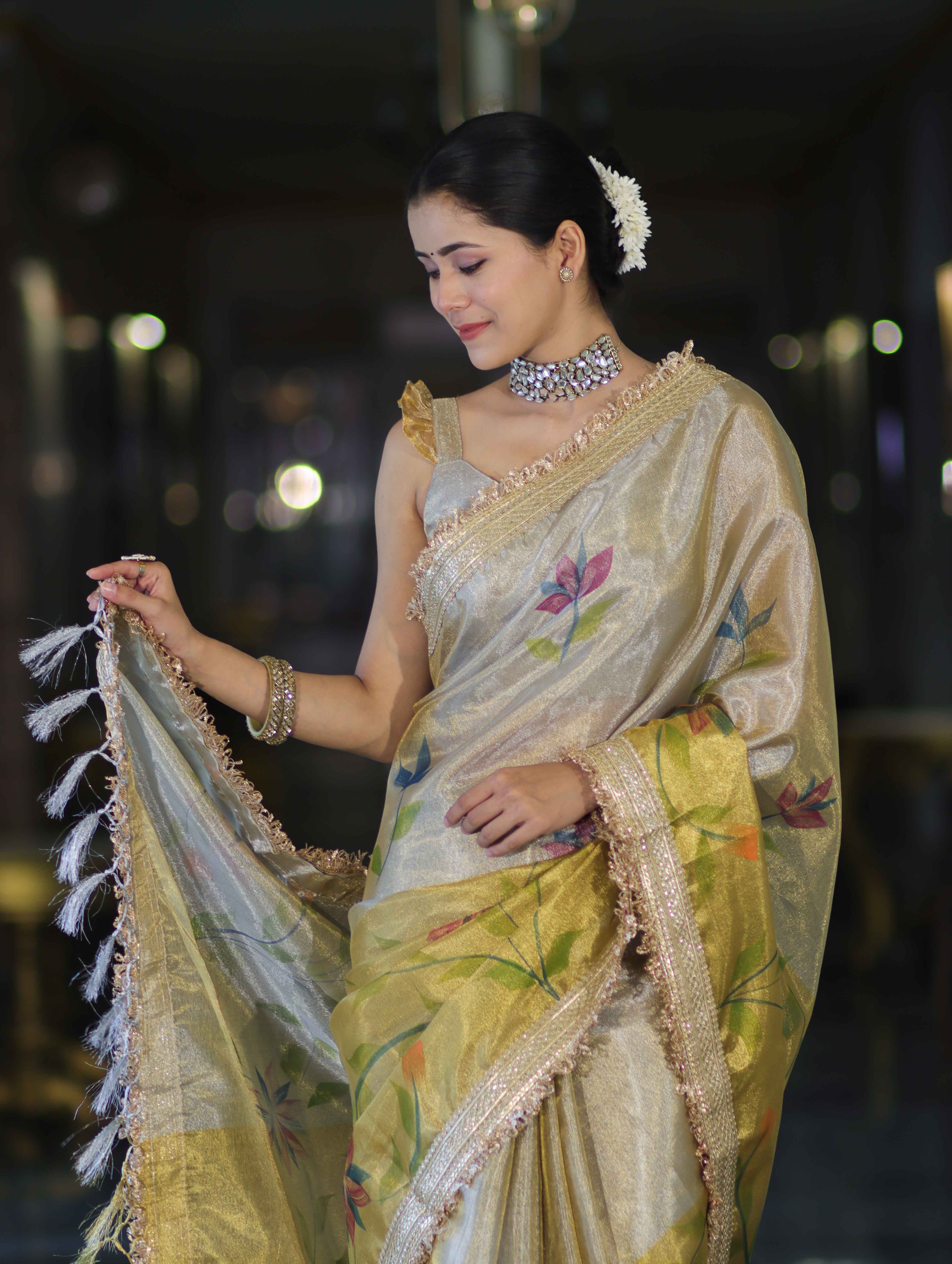 Banarasee Dual Color Tissue Saree With Digital Prints & Lace-Gold & Silver