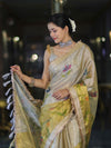 Banarasee Dual Color Tissue Saree With Digital Prints & Lace-Gold & Silver