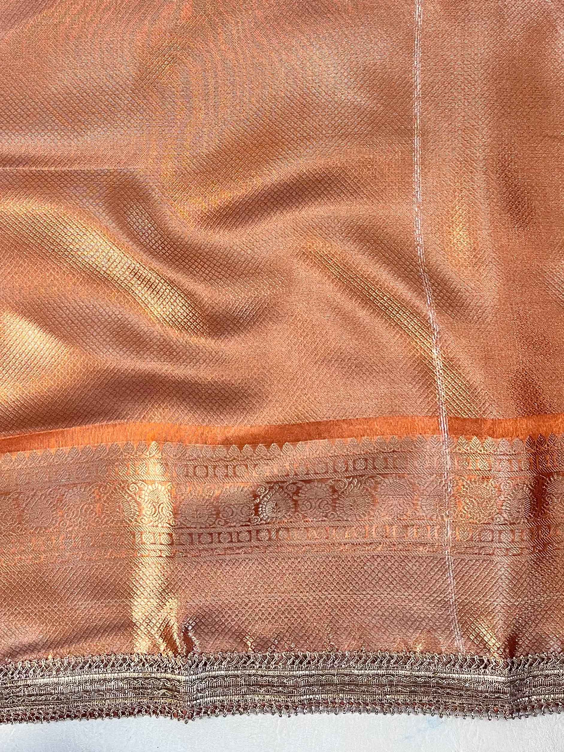 Banarasee Handwoven Tissue Saree With Zari Jaal Design & Lace-Rust