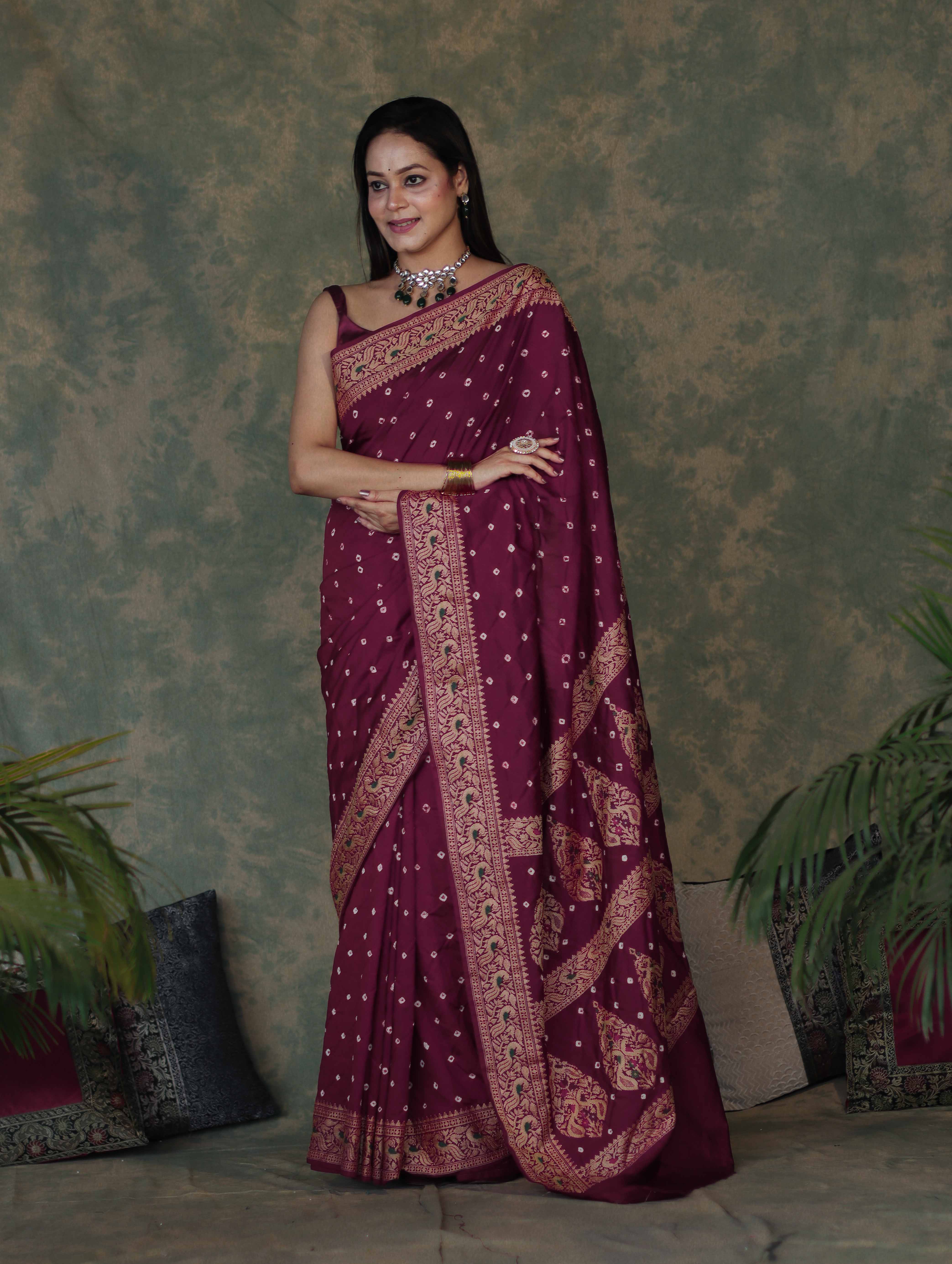 Banarasee Handloom Semi Silk Bandhej Saree With Broad Zari Floral Border-Violet