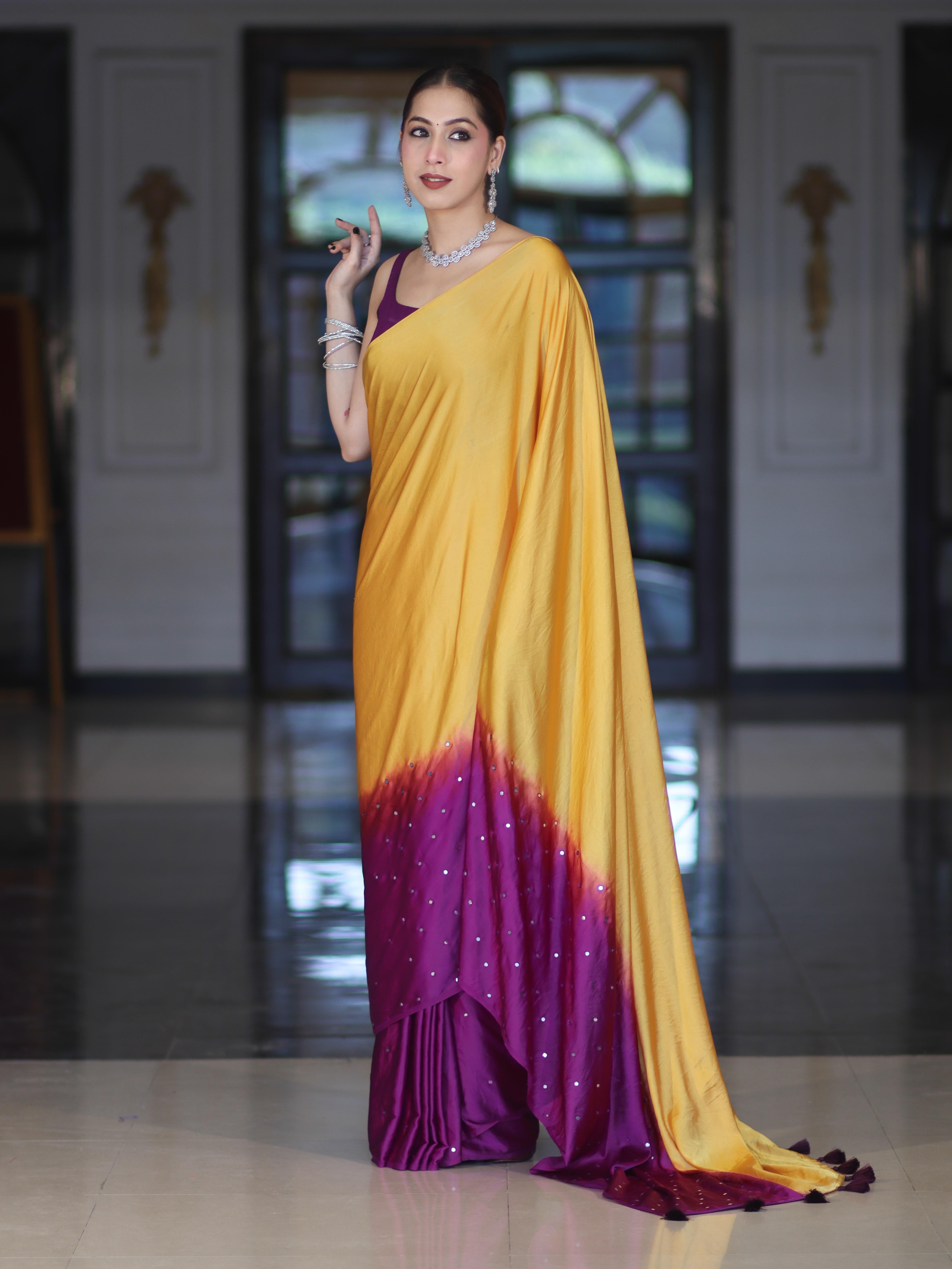 Banarasee Handloom Satin Hand Dyed Saree With Mirror Work-Mustard Yellow & Violet