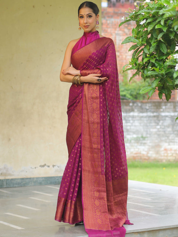 Banarasee Chiffon Floral Zari Buti & Border Saree-Magenta