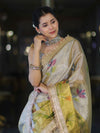 Banarasee Dual Color Tissue Saree With Digital Prints & Lace-Gold & Silver