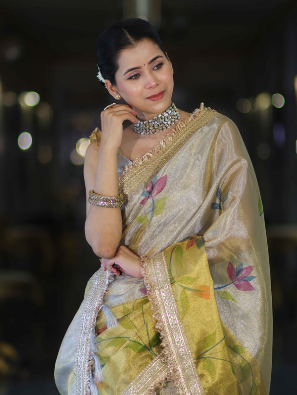 Banarasee Dual Color Tissue Saree With Digital Prints & Lace-Gold & Silver