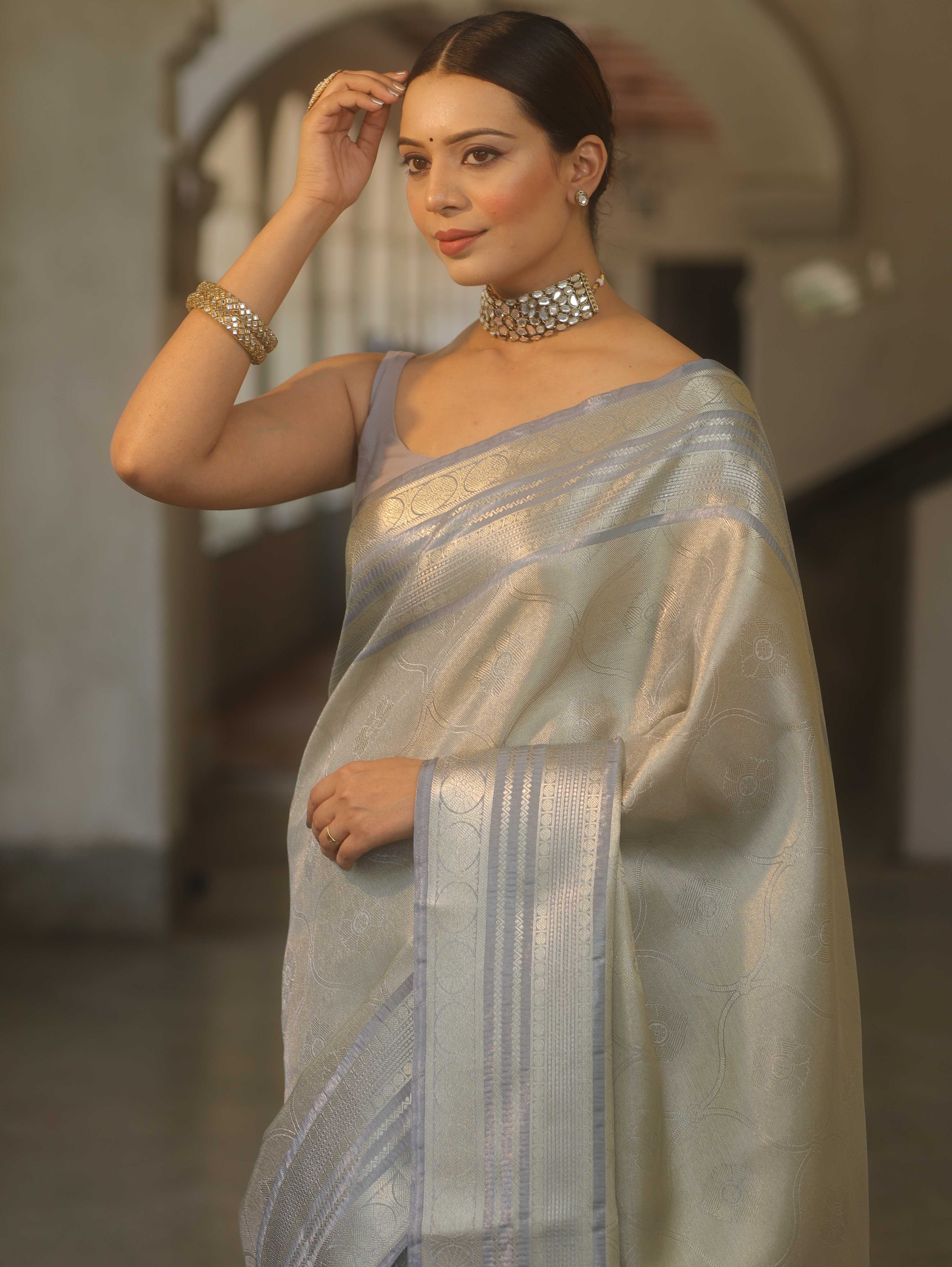 Banarasee Handwoven Tissue Saree With Zari Design & Broder-Grey