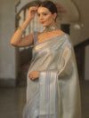 Banarasee Handwoven Tissue Saree With Zari Design & Broder-Grey