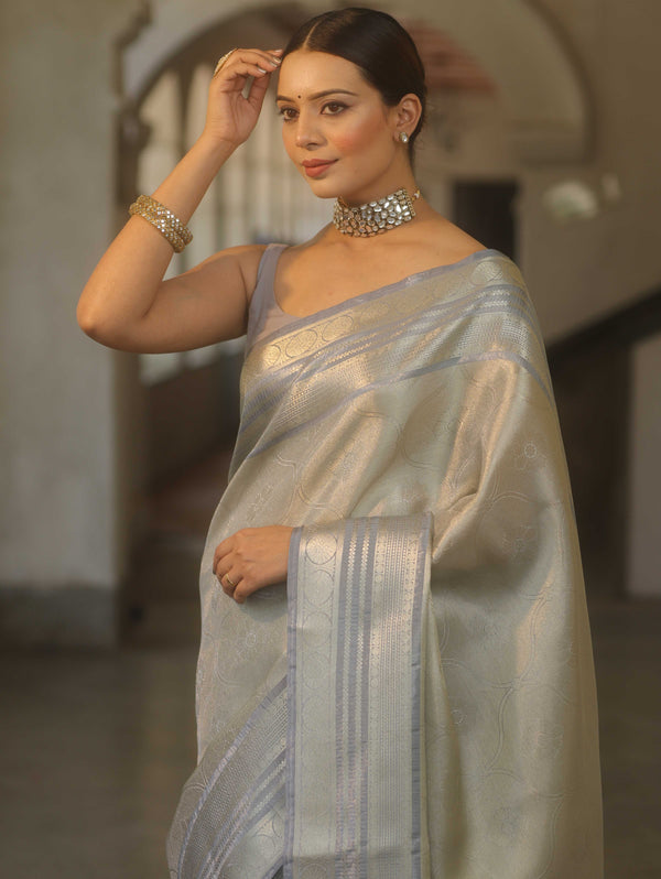 Banarasee Handwoven Tissue Saree With Zari Design & Broder-Grey