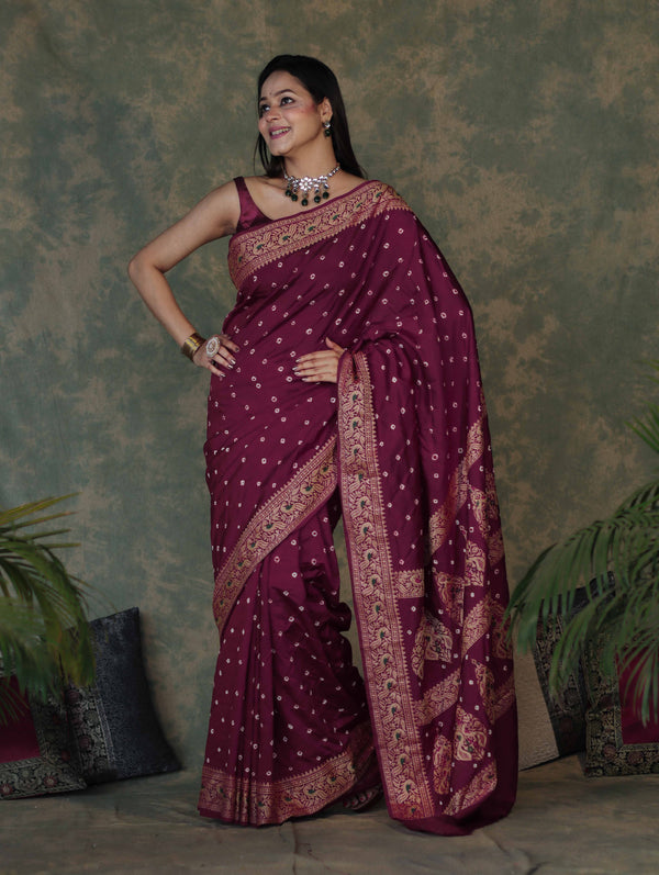 Banarasee Handloom Semi Silk Bandhej Saree With Broad Zari Floral Border-Violet