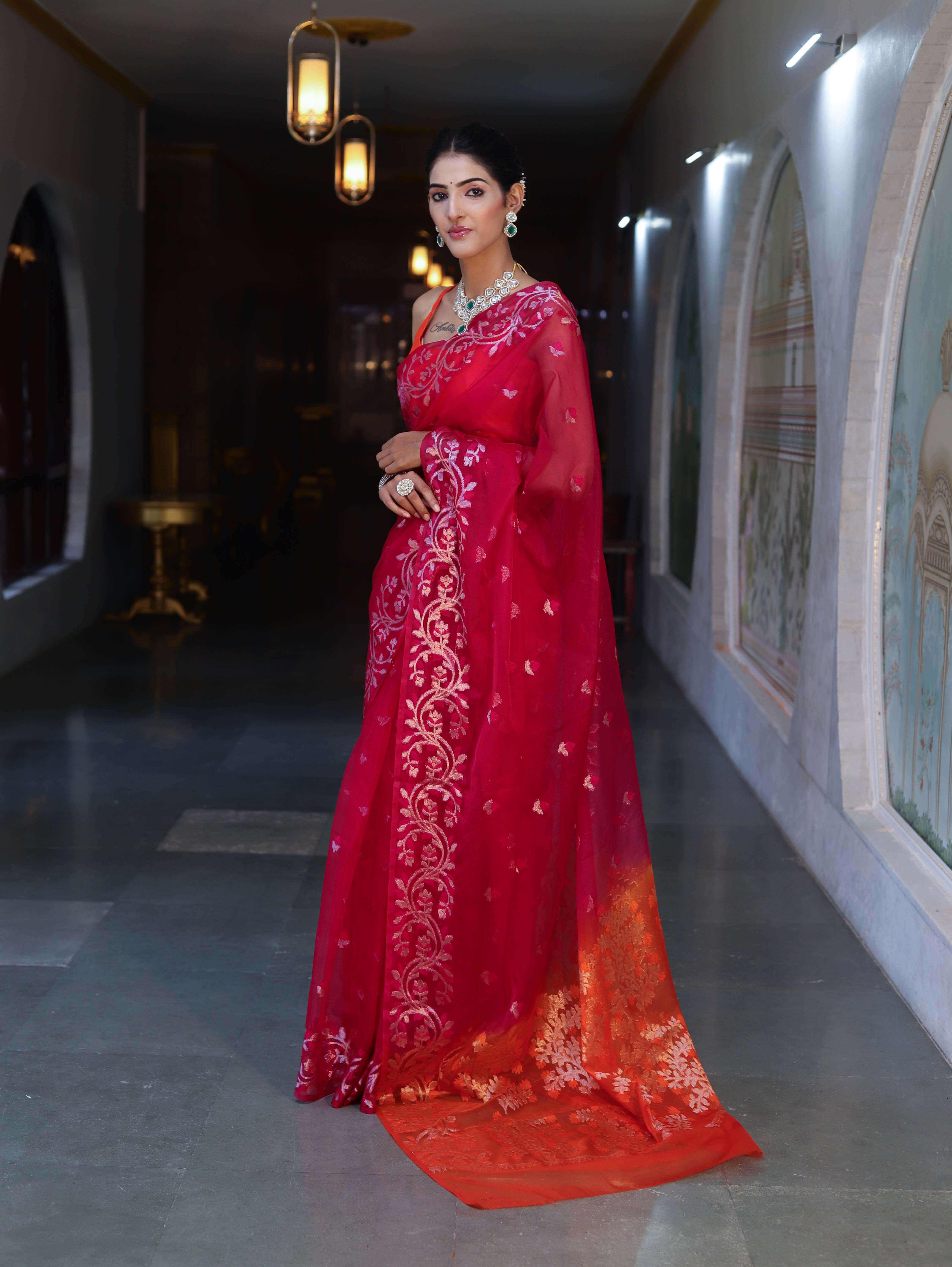Banarasee Dual Color Organza Mix Saree With Zari & Resham Work-Hot Pink & Orange