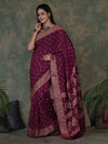 Banarasee Handloom Semi Silk Bandhej Saree With Broad Zari Floral Border-Violet