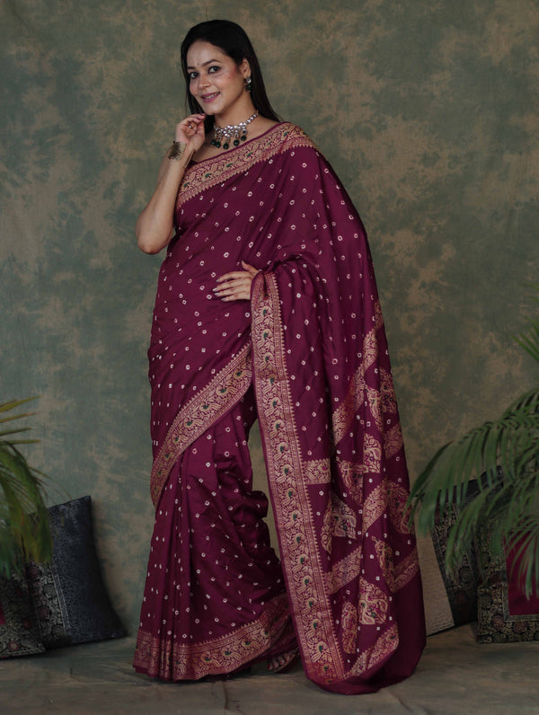 Banarasee Handloom Semi Silk Bandhej Saree With Broad Zari Floral Border-Violet