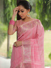 Banarasee Handloom Linen Tissue Meena & Zari Border Saree-Pink