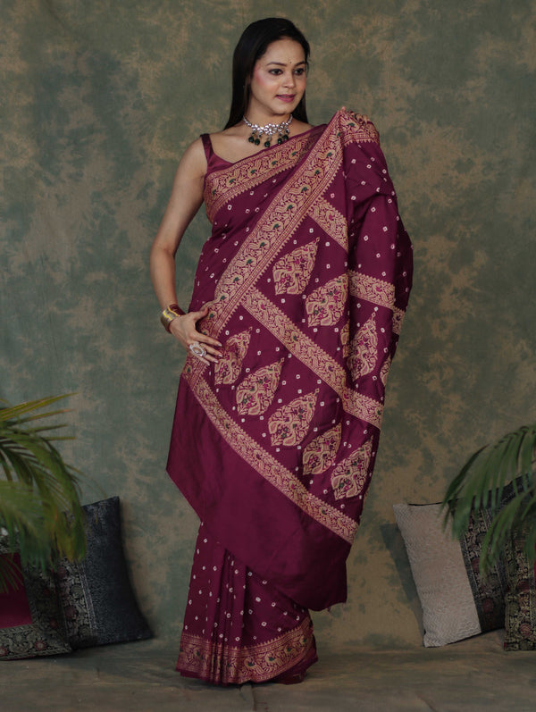 Banarasee Handloom Semi Silk Bandhej Saree With Broad Zari Floral Border-Violet
