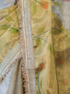 Banarasee Dual Color Tissue Saree With Digital Prints & Lace-Gold & Silver