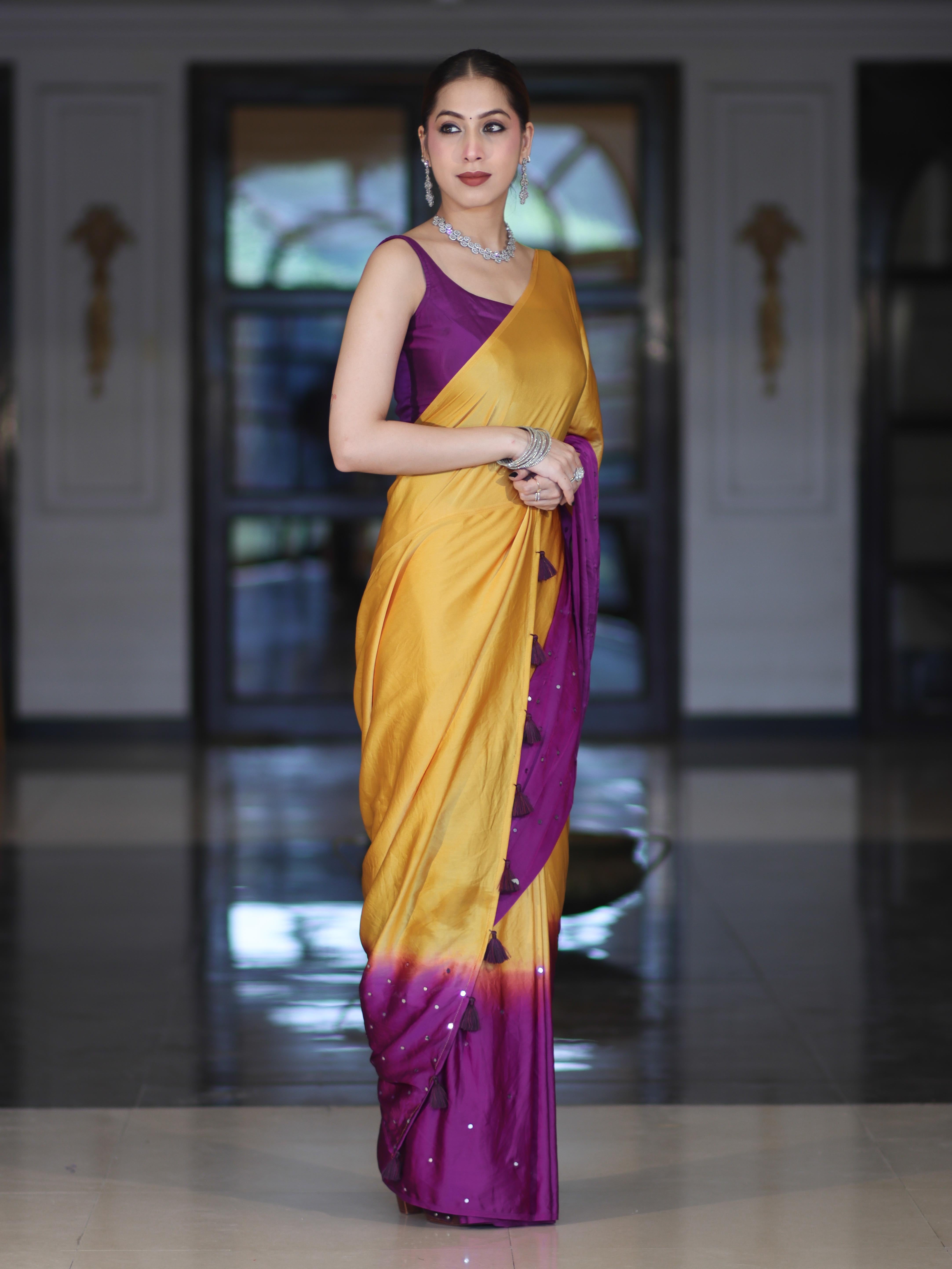 Banarasee Handloom Satin Hand Dyed Saree With Mirror Work-Mustard Yellow & Violet