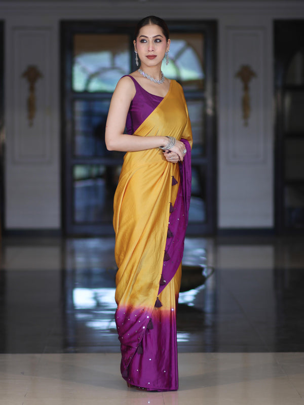 Banarasee Handloom Satin Hand Dyed Saree With Mirror Work-Mustard Yellow & Violet