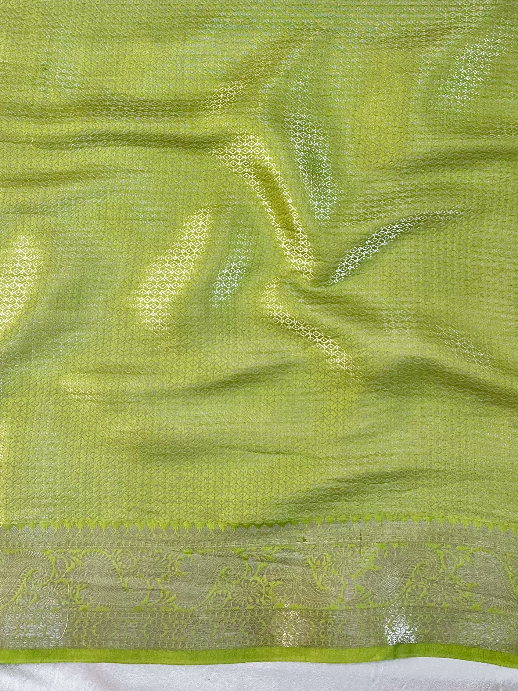 Banarasee Semi Katan Silk Saree With Zari Buta Work & Contrast Border-Red & Green