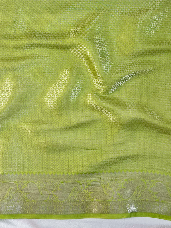 Banarasee Semi Katan Silk Saree With Zari Buta Work & Contrast Border-Red & Green