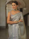 Banarasee Handwoven Tissue Saree With Zari Design & Broder-Grey