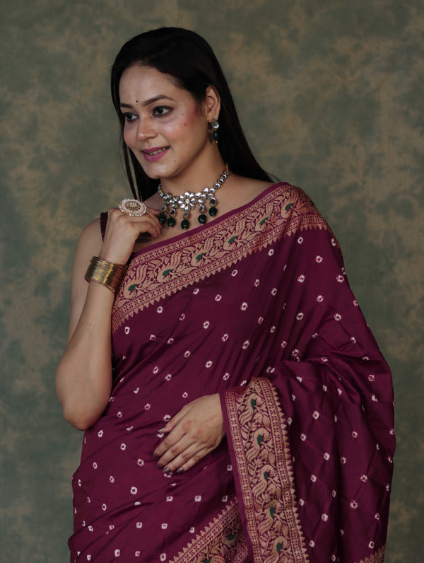 Banarasee Handloom Semi Silk Bandhej Saree With Broad Zari Floral Border-Violet