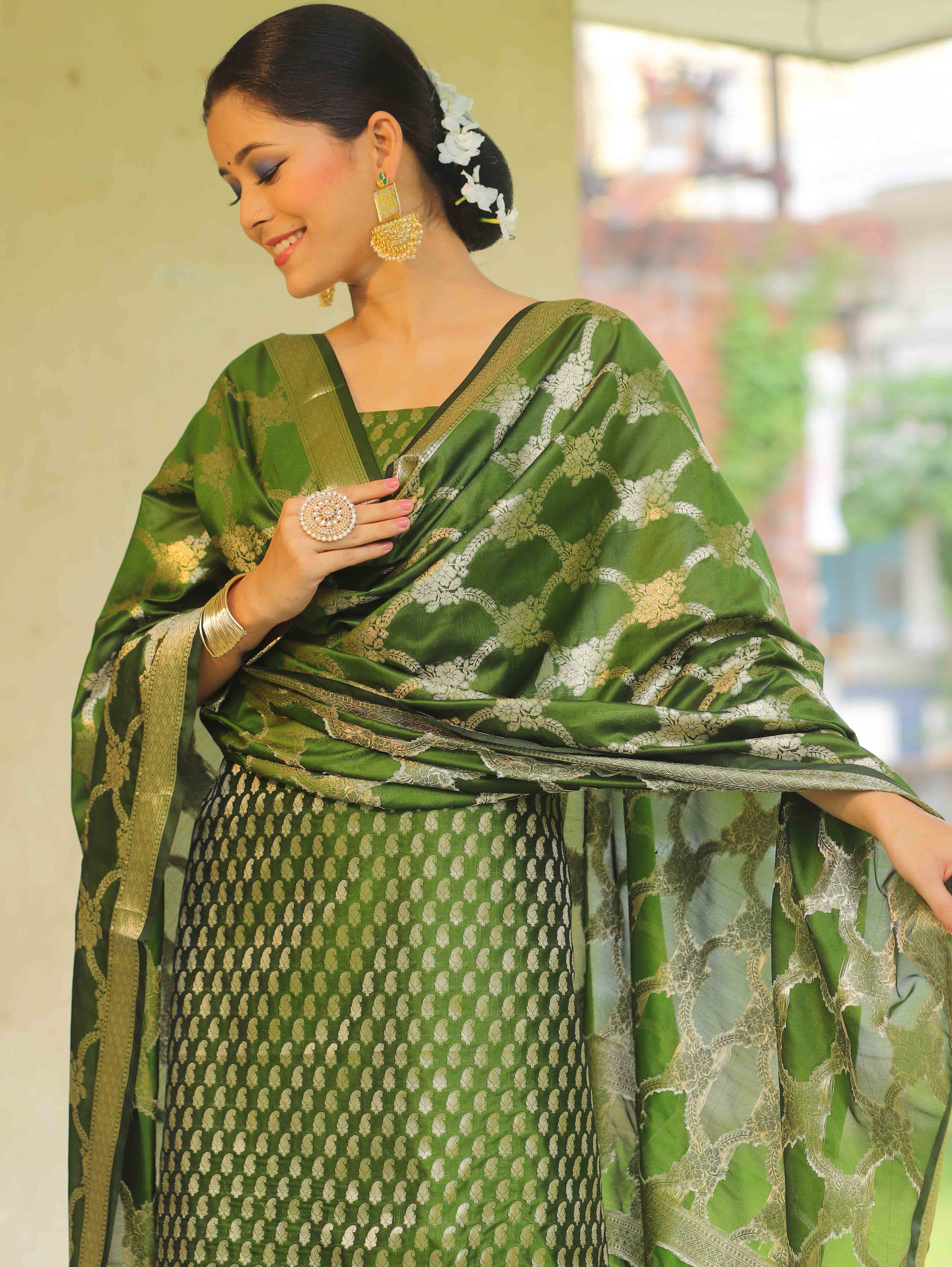 Banarasee Salwar Kameez Semi Katan Silk Fabric With Zari Work-Olive Green
