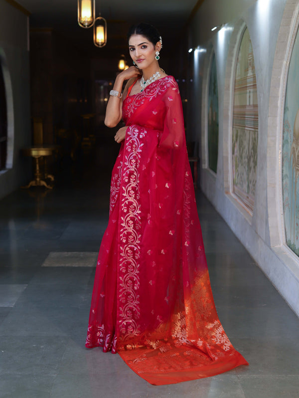 Banarasee Dual Color Organza Mix Saree With Zari & Resham Work-Hot Pink & Orange