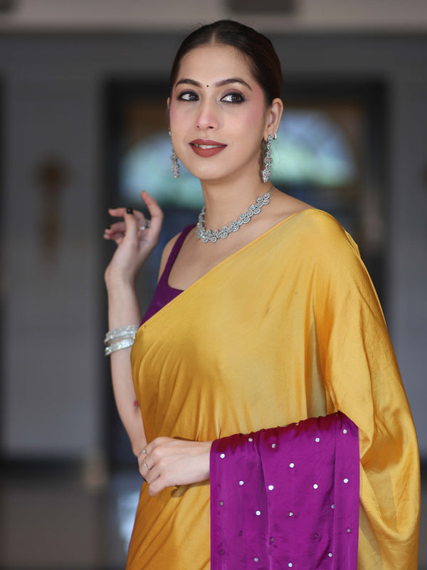 Banarasee Handloom Satin Hand Dyed Saree With Mirror Work-Mustard Yellow & Violet