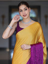 Banarasee Handloom Satin Hand Dyed Saree With Mirror Work-Mustard Yellow & Violet