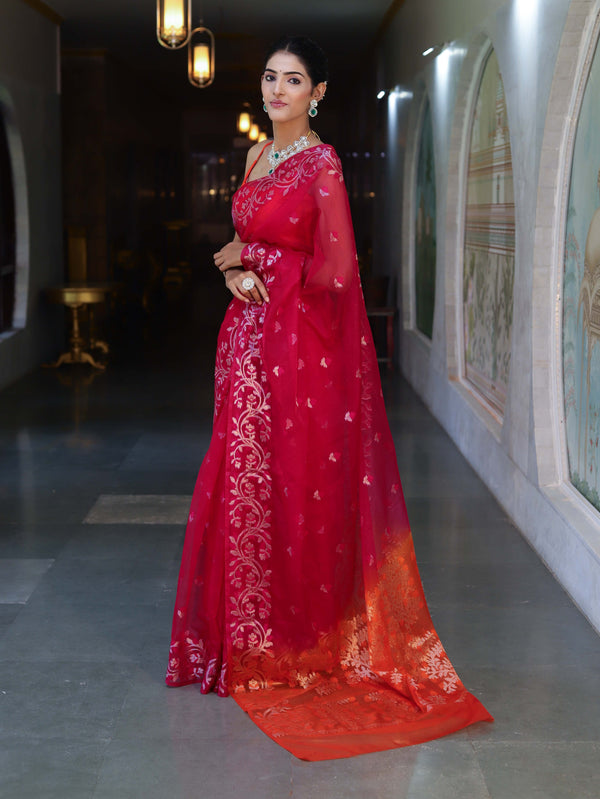 Banarasee Dual Color Organza Mix Saree With Zari & Resham Work-Hot Pink & Orange