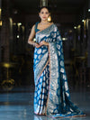 Banarasee Handloom Semi Silk Saree With Buta Design Zari Border & Lace-Teal Blue